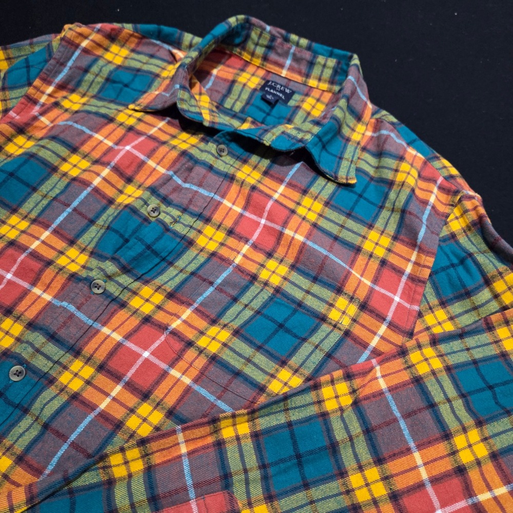 J.Crew Mens Re-Imagined Flannel Shirt Large Multi-Color Plaid Long Sleeve Cotton
